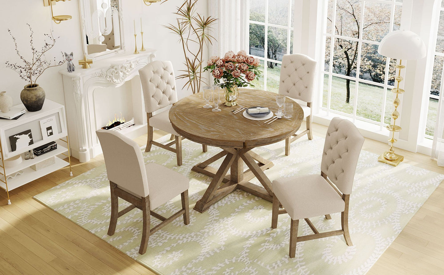 Cottage Style Extendable Dining Table Set With 4 Chairs