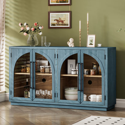 Blue and Black Large Sideboard with Arched Glass Doors and Metal Handles and Adjustable Shelves for Kitchen, Dining Room and Living Room