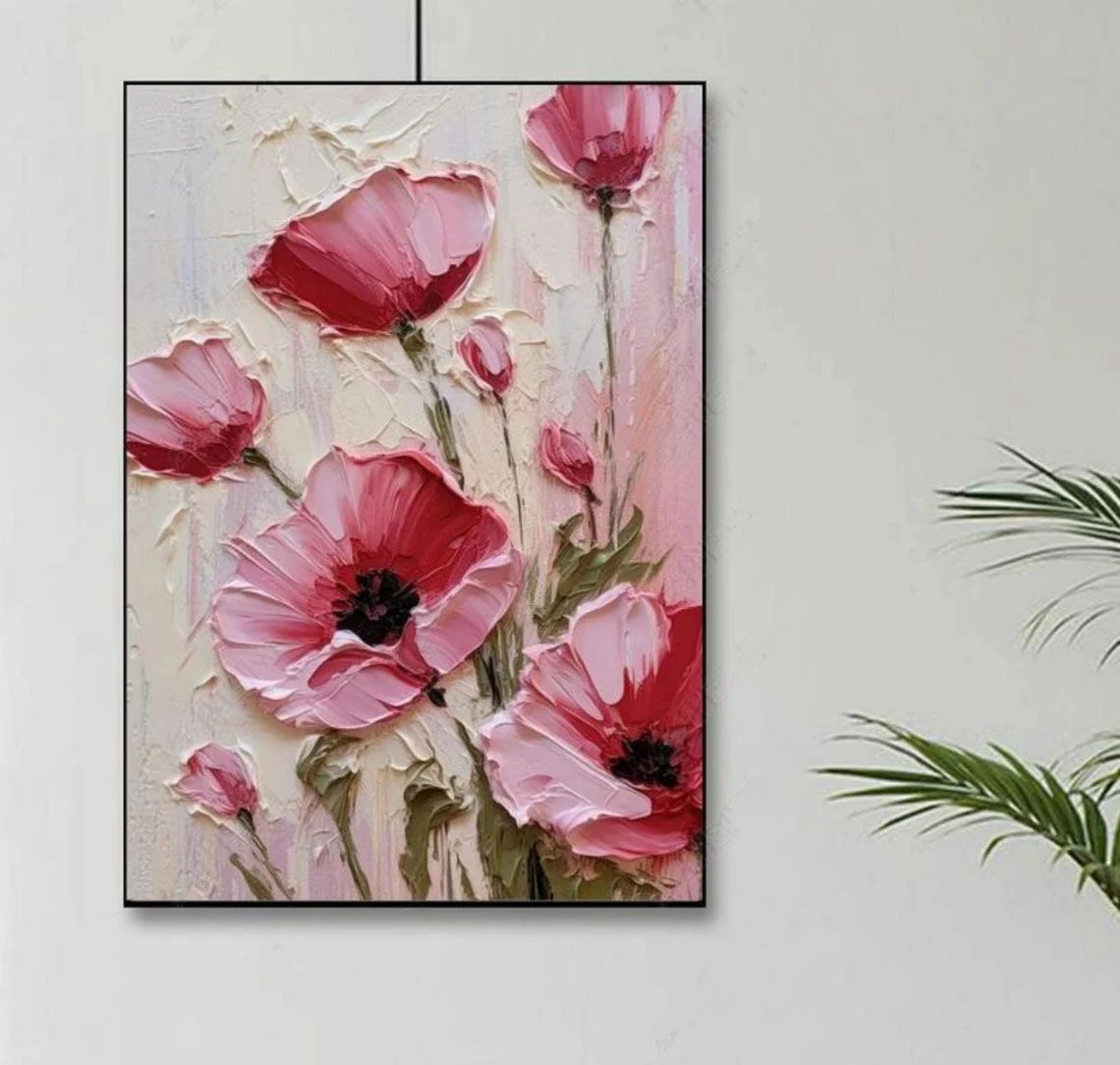 100% Handmade Pink Poppy Flower Oil Painting(No Frame)