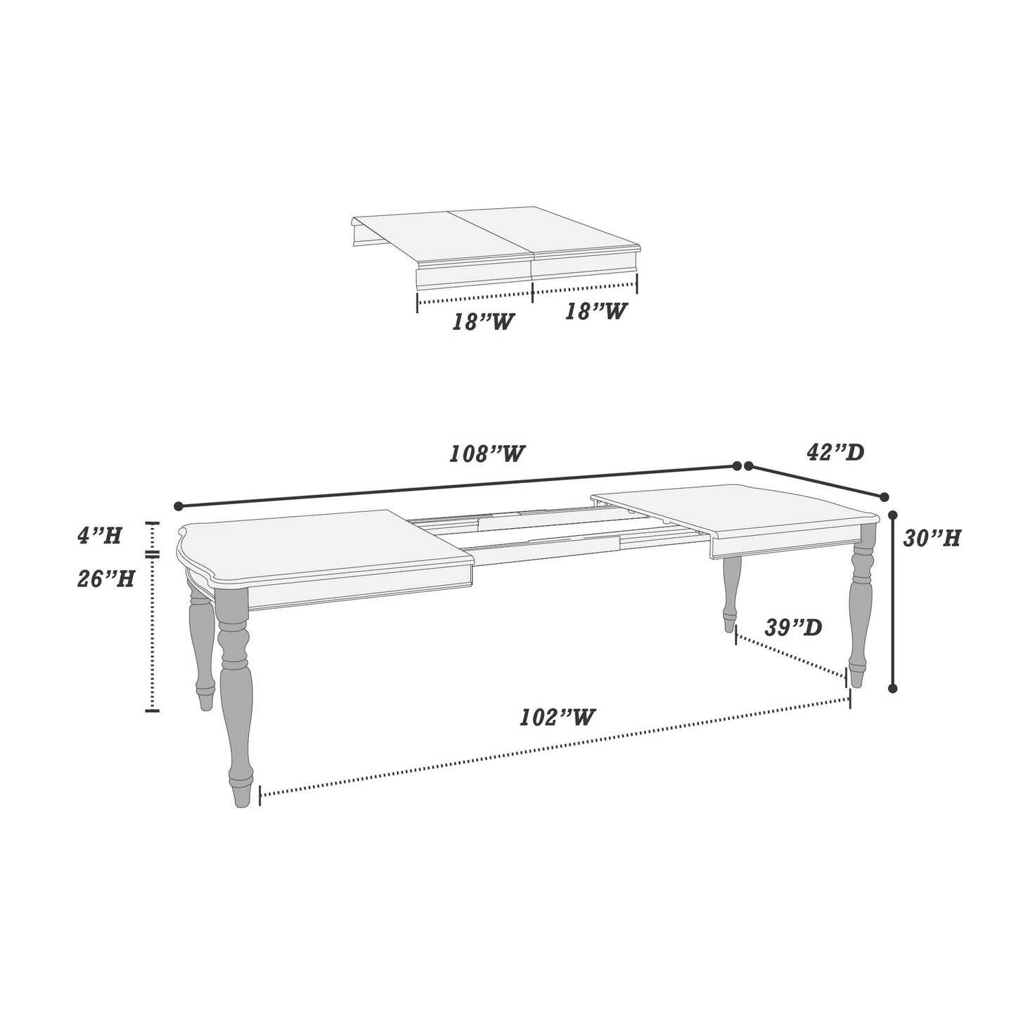 Transitional Style Dining Table with 2 Leaves, Antique White Finish