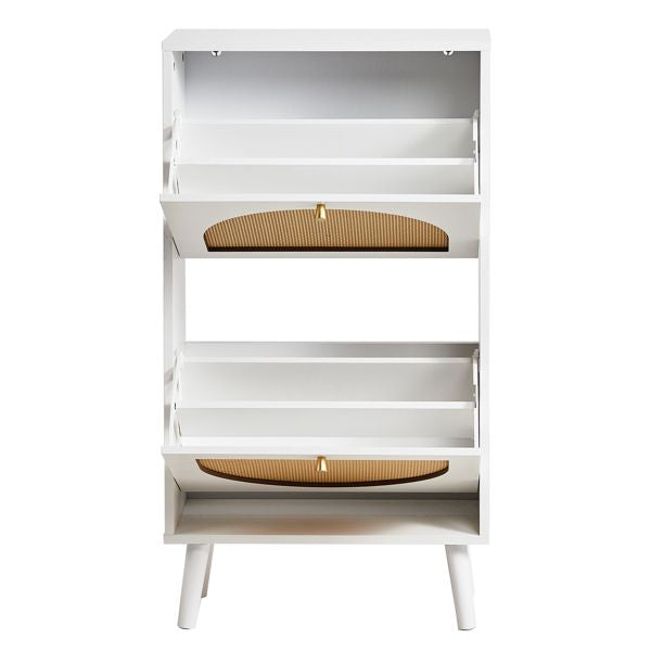 Shoe Organizing Cabinet With High Feet and Arched Top Rattan Shoe Cabinet (2 Stacking Bins) 54x24x98cm, White