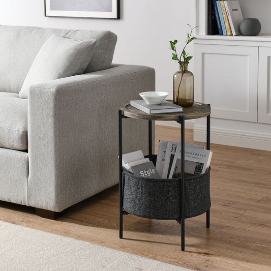 Modern Accent End Table with Storage Basket, Grey Cloth Bag and Brown Top (18'x18'x24')