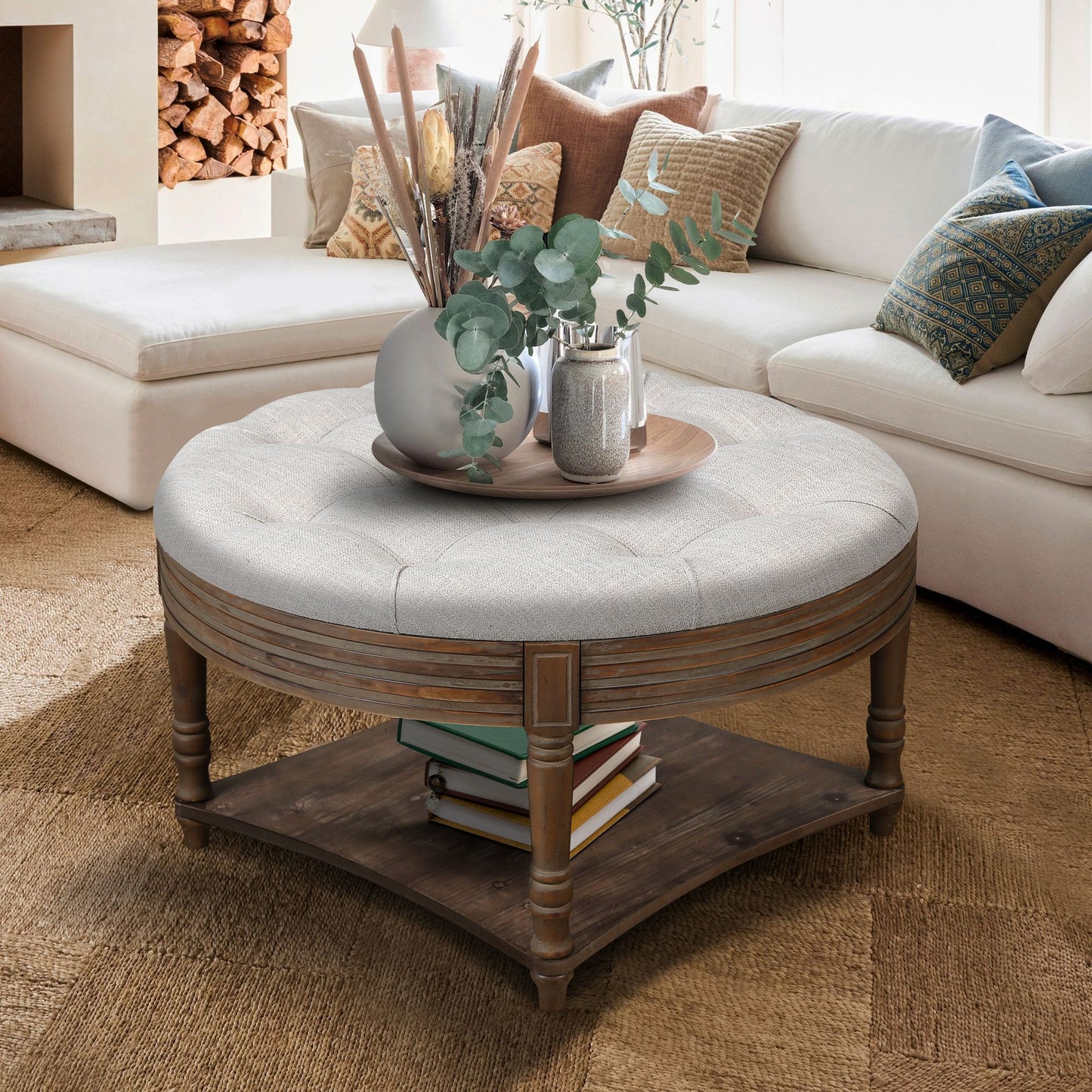 Farmhouse Upholstered Coffee Table Living Room Footstool Ottoman Linen(Light Gray)