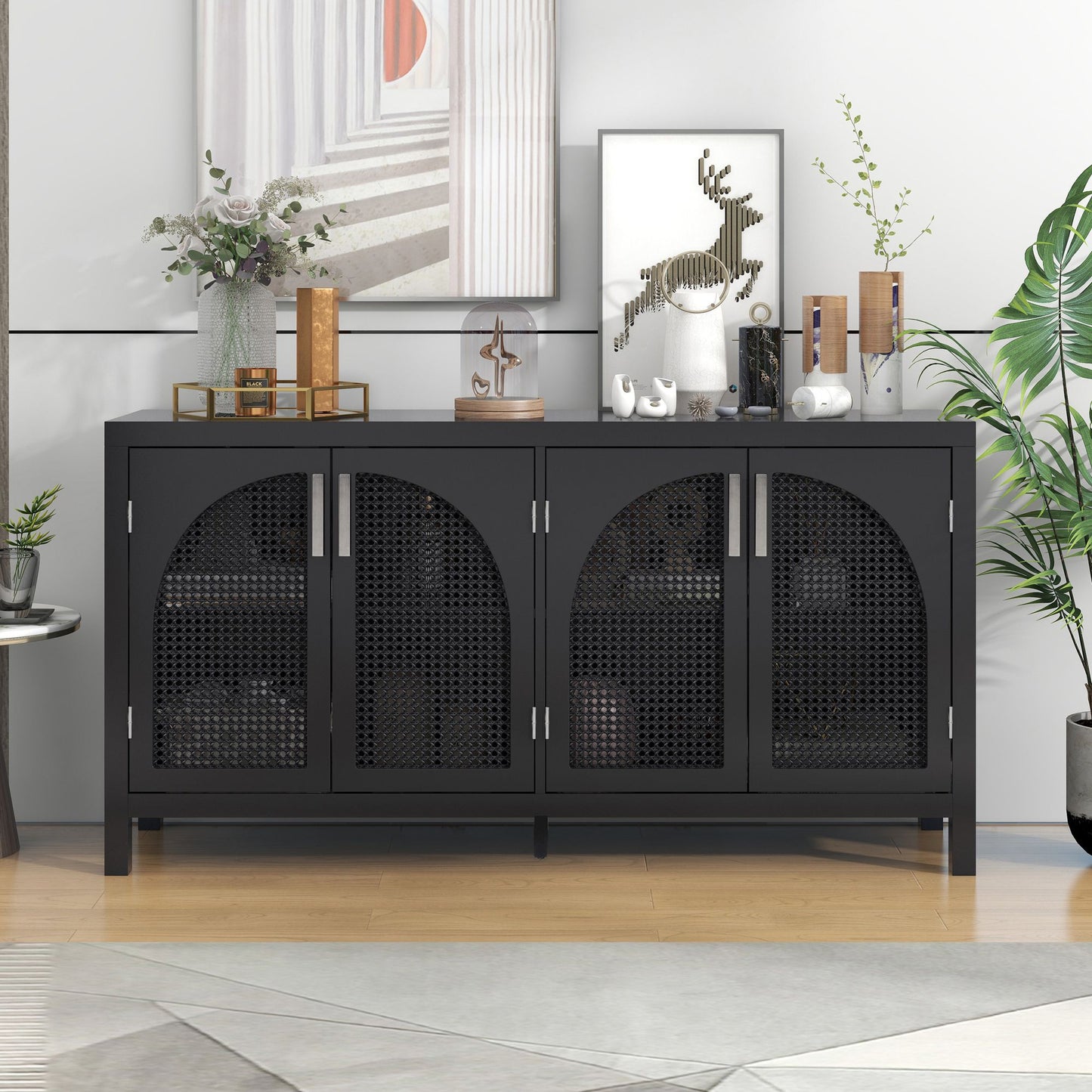 Large Sideboard with Arched Rattan Doors and Metal Handles for Entry and Dining Room