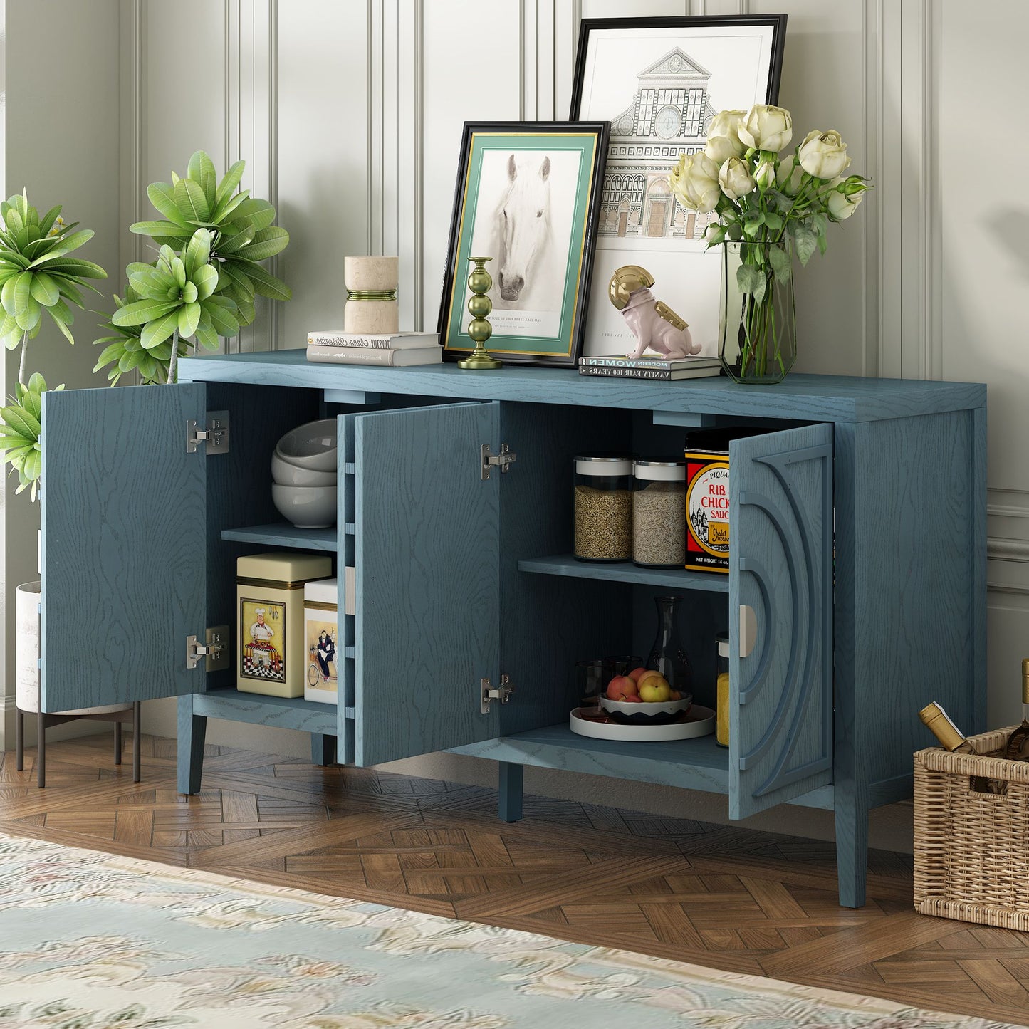 Retro Sideboard with Circular Groove Design Round Metal Door Handle, blue grey white