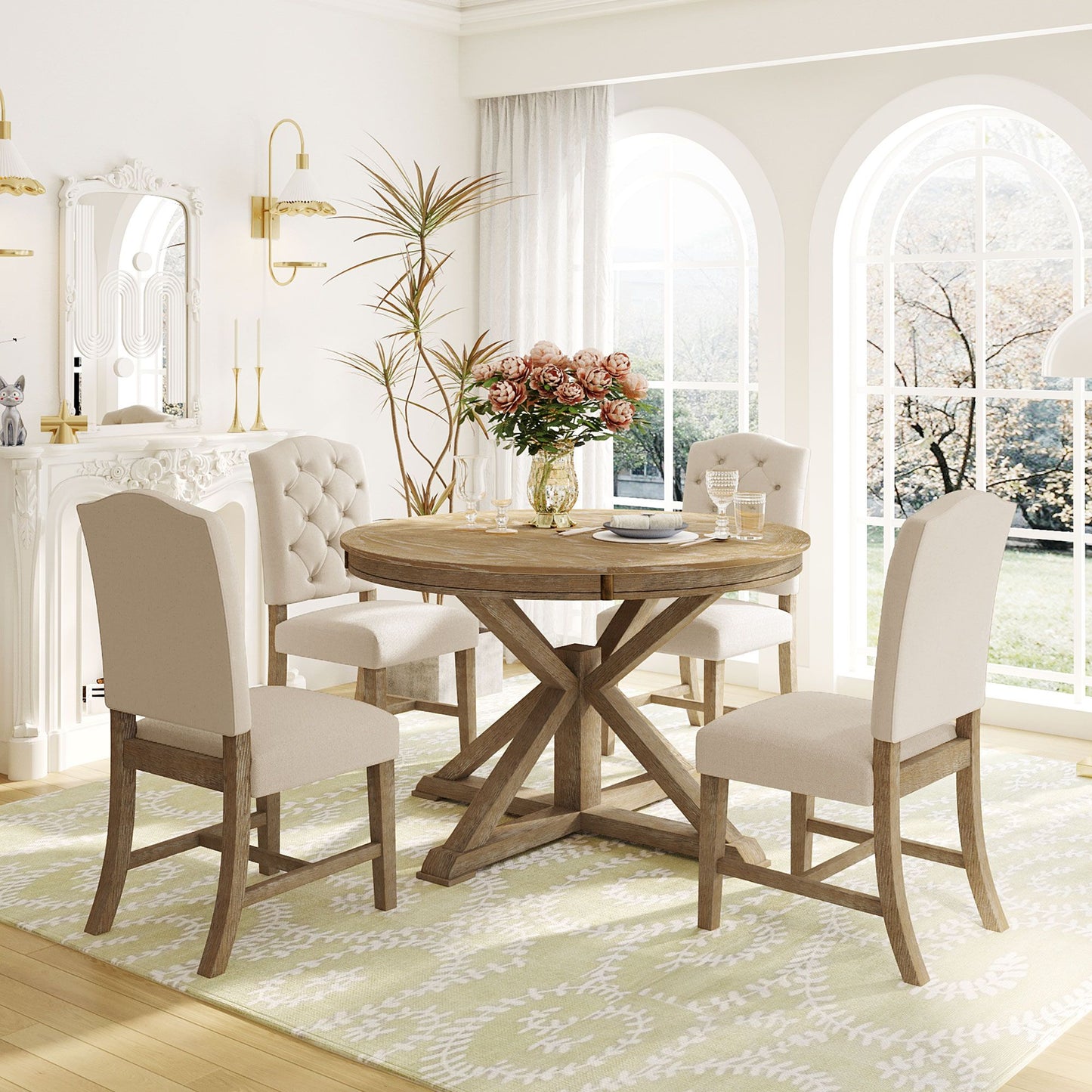 Cottage Style Extendable Dining Table Set With 4 Chairs