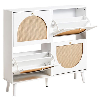 Shoe Organizing Cabinet With High Feet and Arched Top Rattan Shoe Cabinet (4 Total Bins with 2x2 Stacking Bins) 105X24x98cm, White