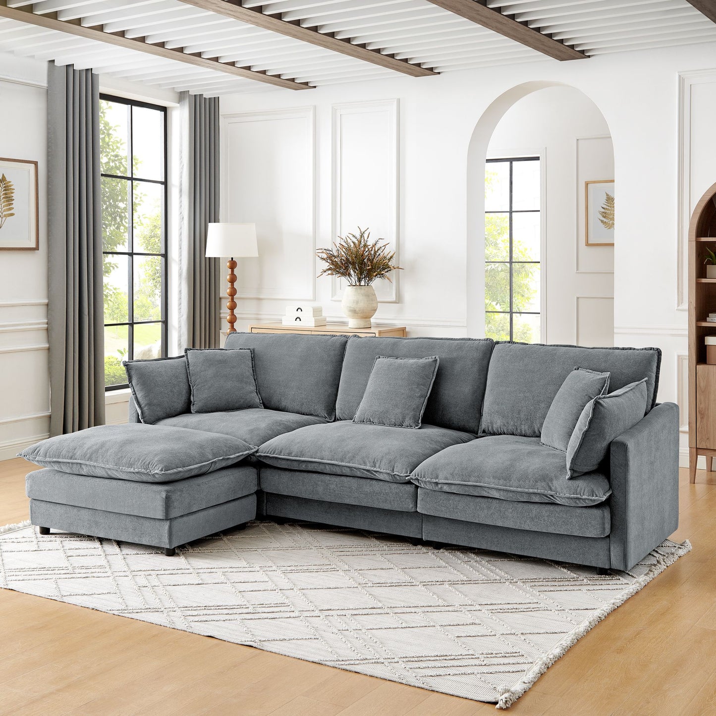 Modern Modular Sectional Sofa Couch with Storage Ottoman, Oversized 4 Seater Couch, Grey