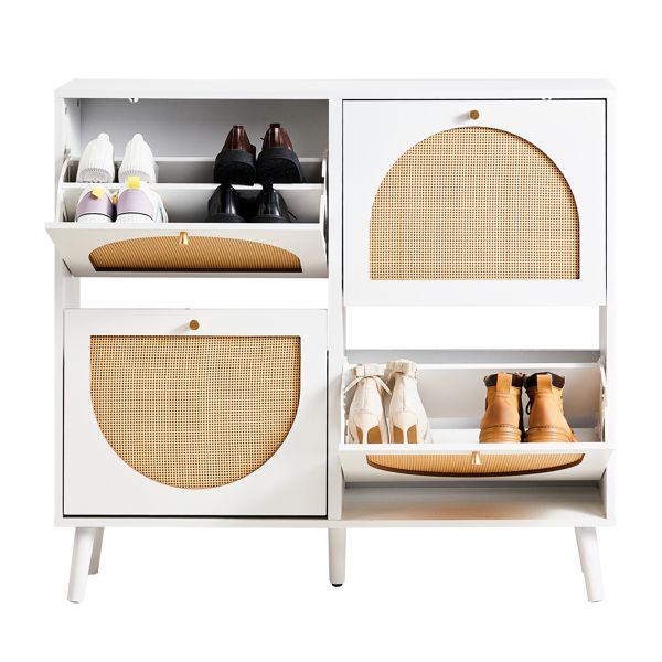 Shoe Organizing Cabinet With High Feet and Arched Top Rattan Shoe Cabinet (4 Total Bins with 2x2 Stacking Bins) 105X24x98cm, White