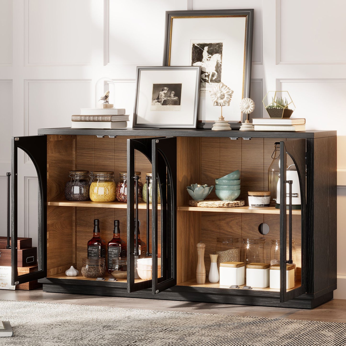 Blue and Black Large Sideboard with Arched Glass Doors and Metal Handles and Adjustable Shelves for Kitchen, Dining Room and Living Room