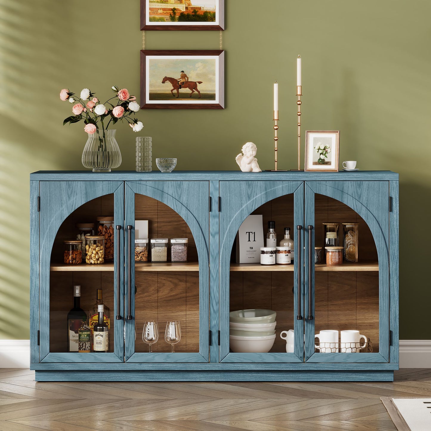 Blue and Black Large Sideboard with Arched Glass Doors and Metal Handles and Adjustable Shelves for Kitchen, Dining Room and Living Room