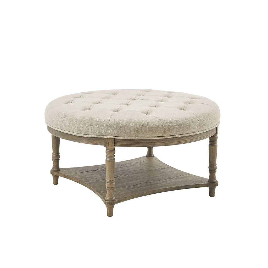 Wood and Linen Tufted Round Ottoman