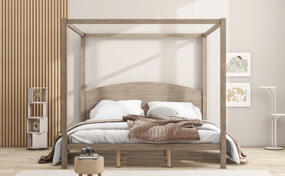 Canopy Platform Bed with Headboard and Support Legs, King Size, Brown Wash