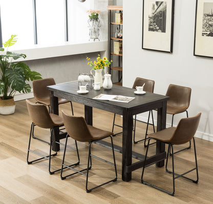 Antique Wood Finished Counter Height Dining Set: Table and Six Brown Chairs