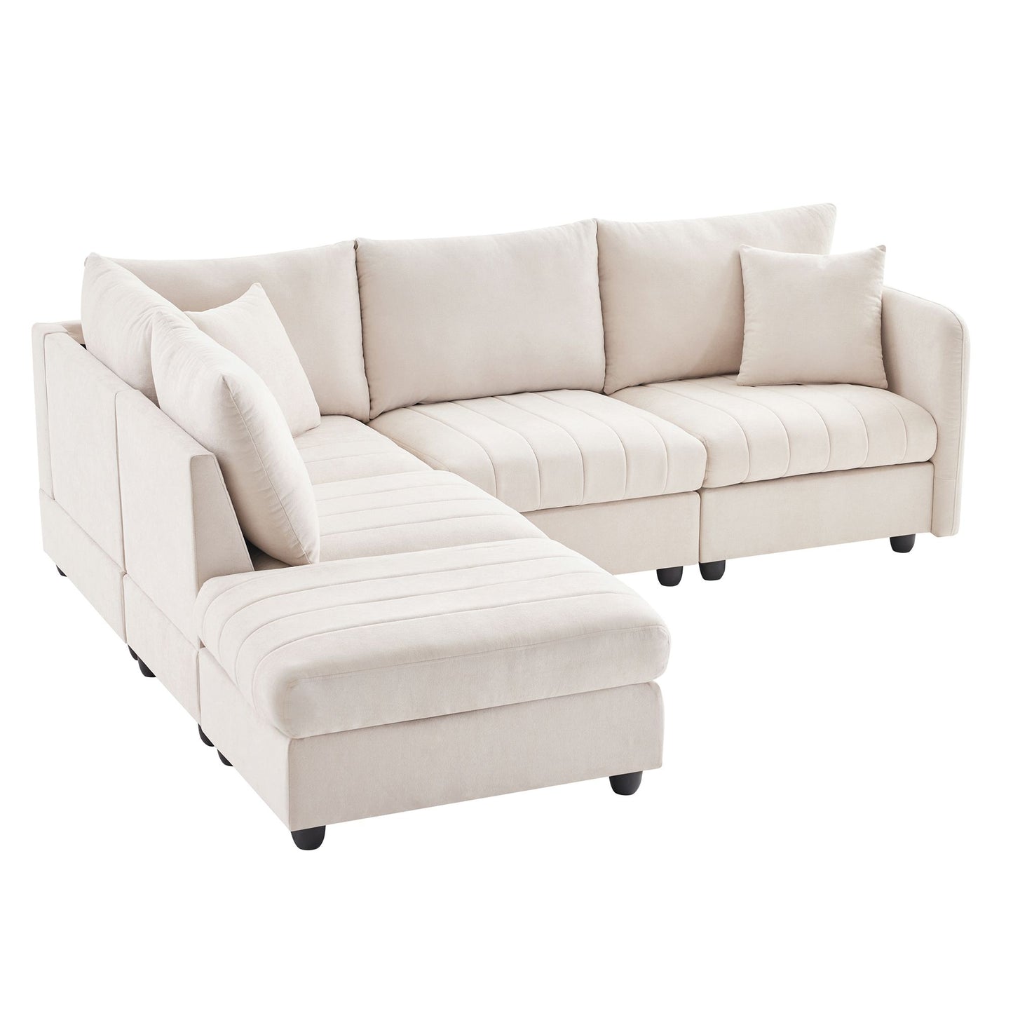 Modern Sectional Sofa with Vertical Stripes, 2 Pillows, 5-Seat Couch with Convertible Ottoman, L-Shape Various Combinations