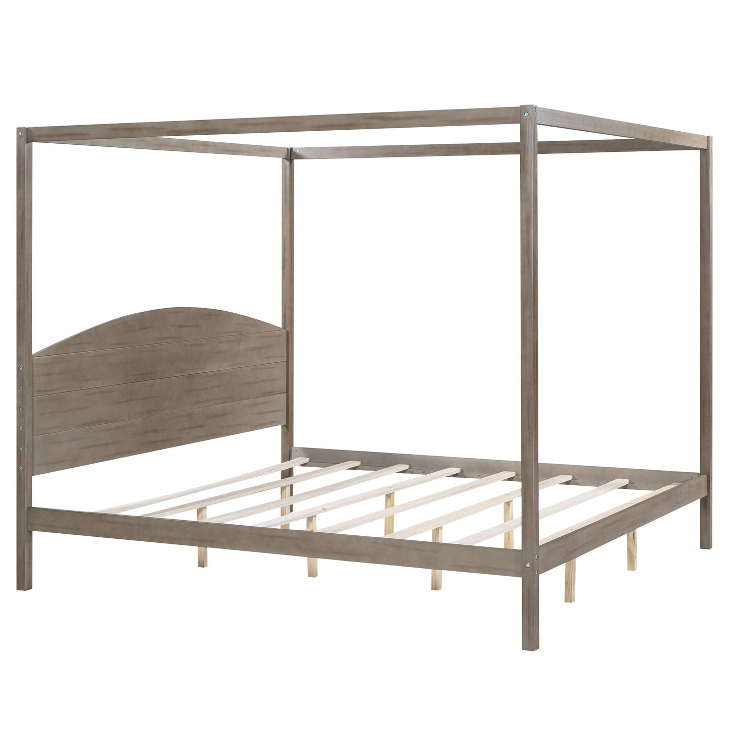 Canopy Platform Bed with Headboard and Support Legs, King Size, Brown Wash