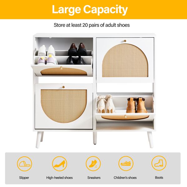 Shoe Organizing Cabinet With High Feet and Arched Top Rattan Shoe Cabinet (4 Total Bins with 2x2 Stacking Bins) 105X24x98cm, White