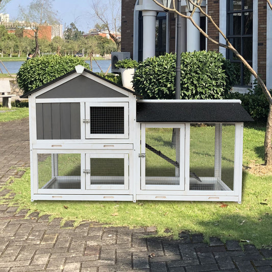 Wooden outdoor rabbit hutch with running cage, Removable Tray/Ramp