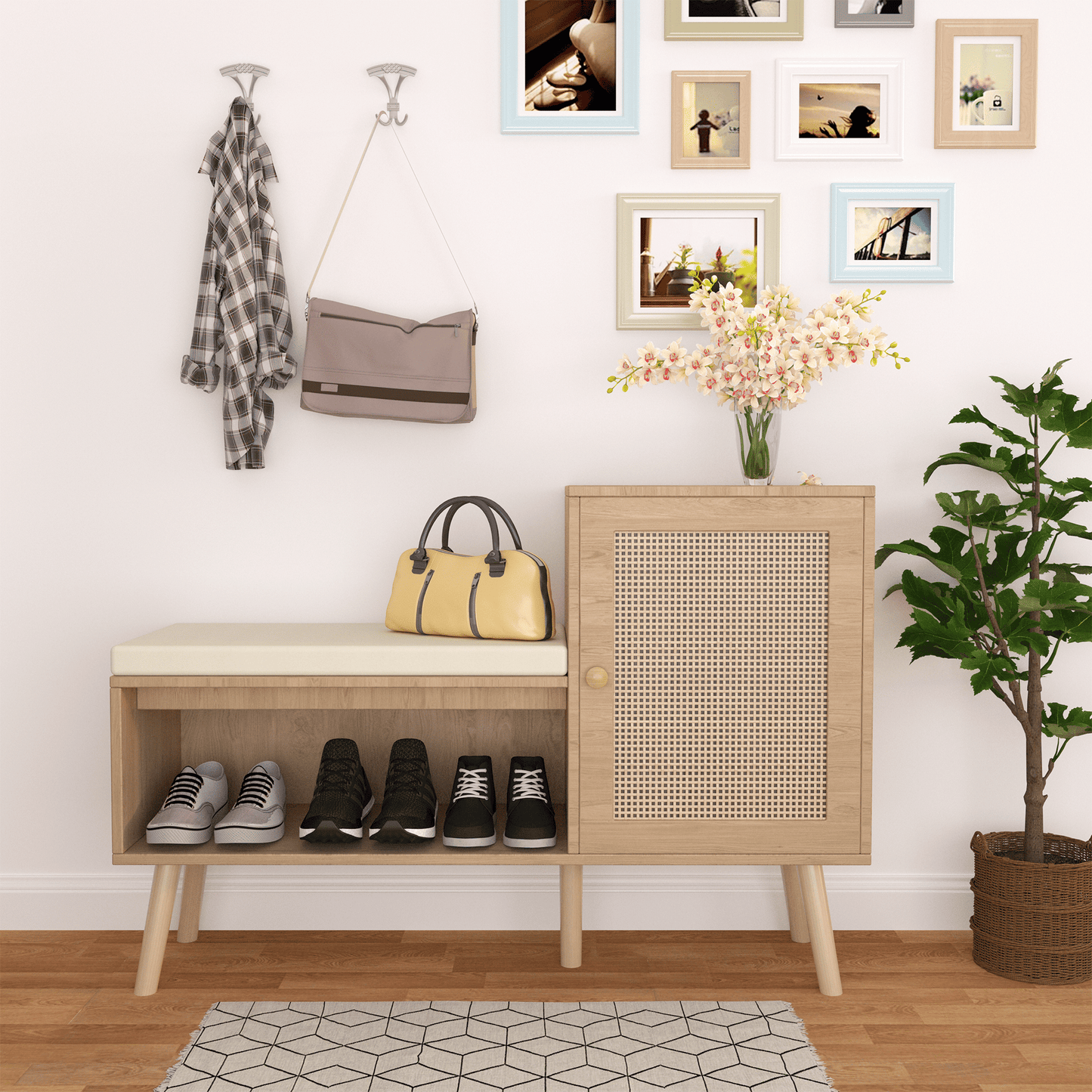 2-in-1 Shoe Storage Bench, Natural Rattan Shoe Cabinet with 2 Adjustable Shelves and Removable Seat Cushion