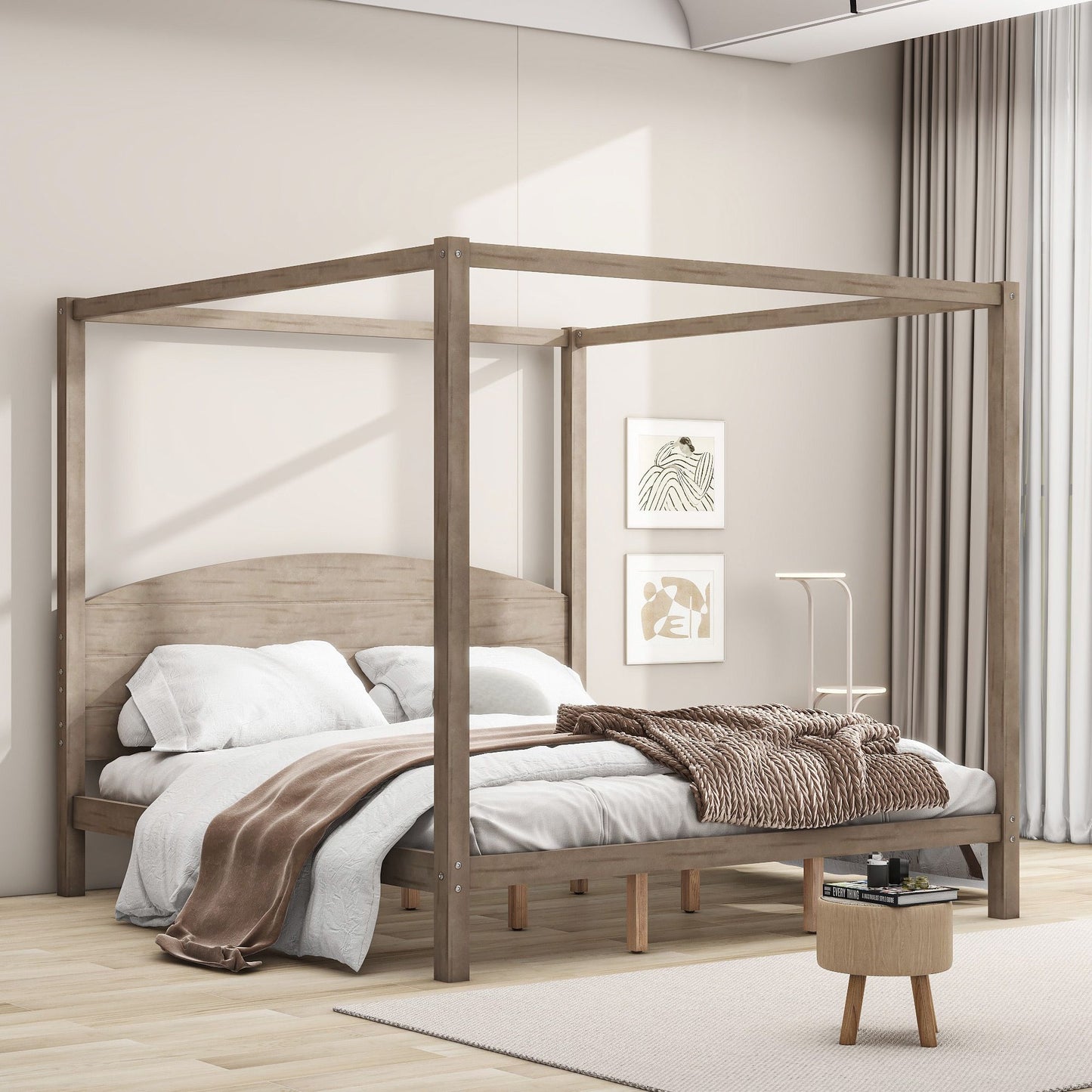 Canopy Platform Bed with Headboard and Support Legs, King Size, Brown Wash