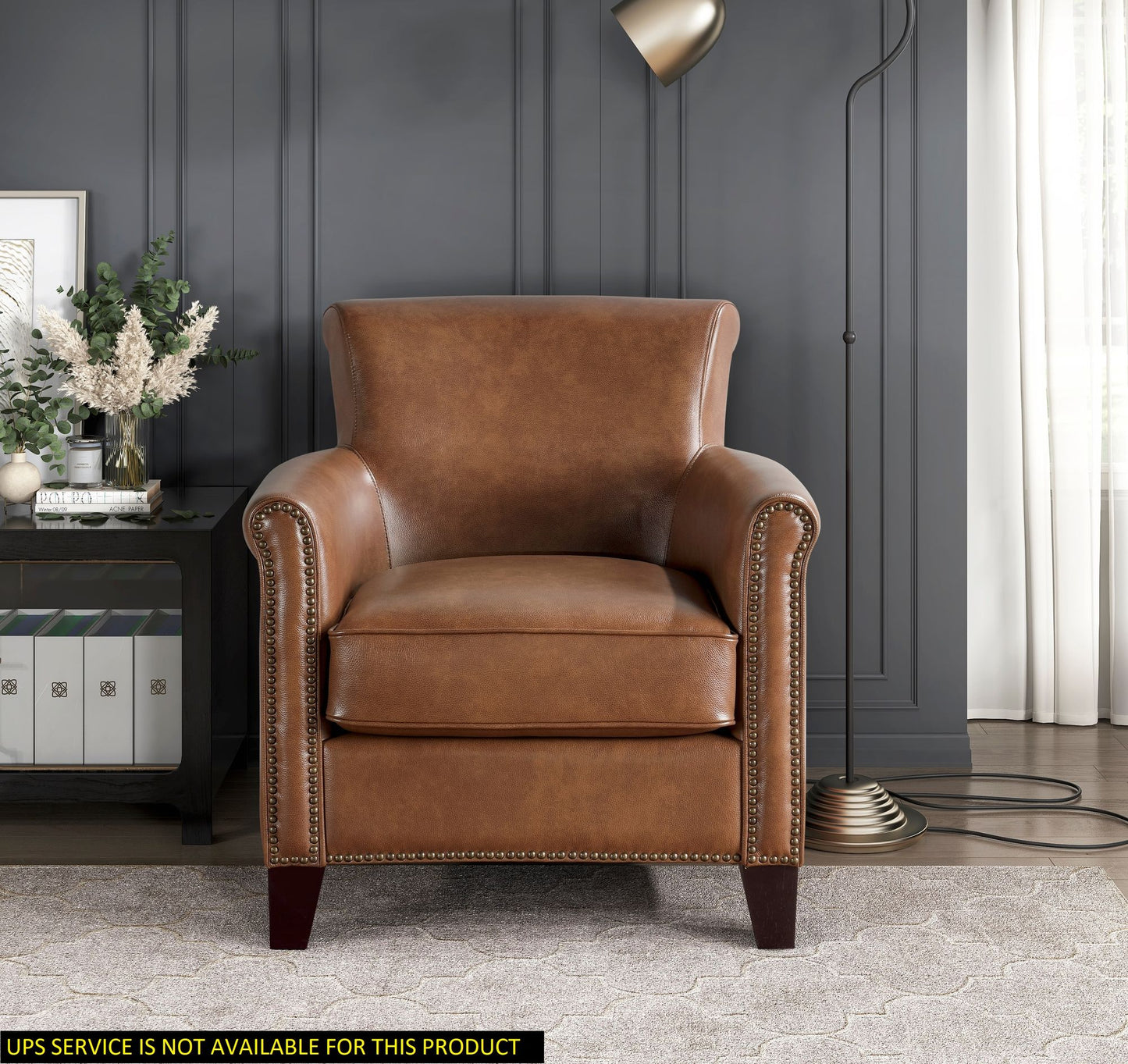 Top-Grain Leather Nail head Trim Traditional Accent Chair Solid Wood Frame