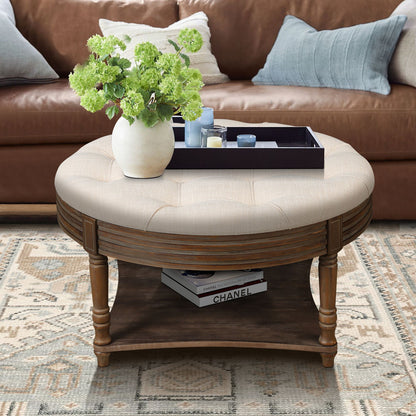 Farmhouse Upholstered Coffee Table Living Room Footstool Ottoman Linen(Warm White)