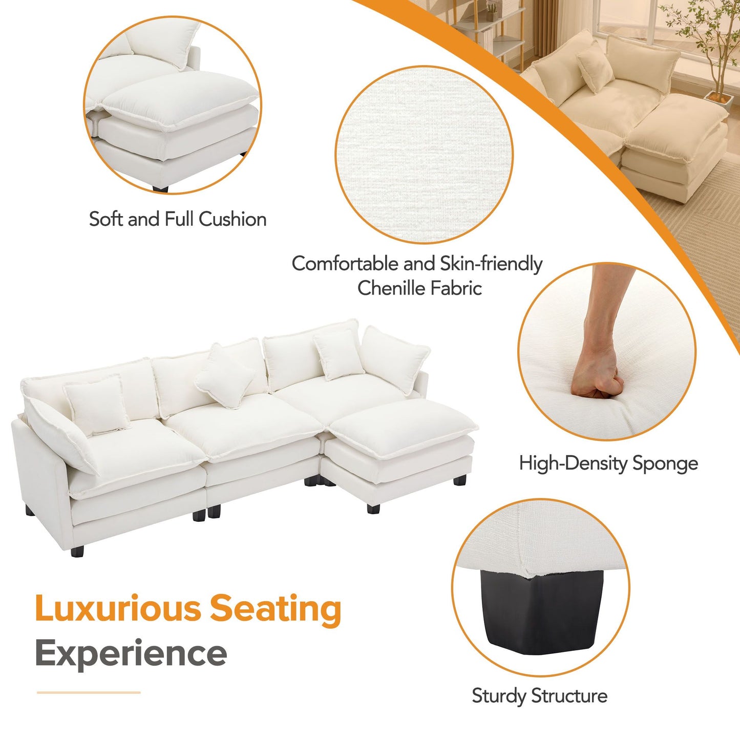 The Ayla Chenille Upholstered Sofa with Ottoman and 5 Pillows 112"