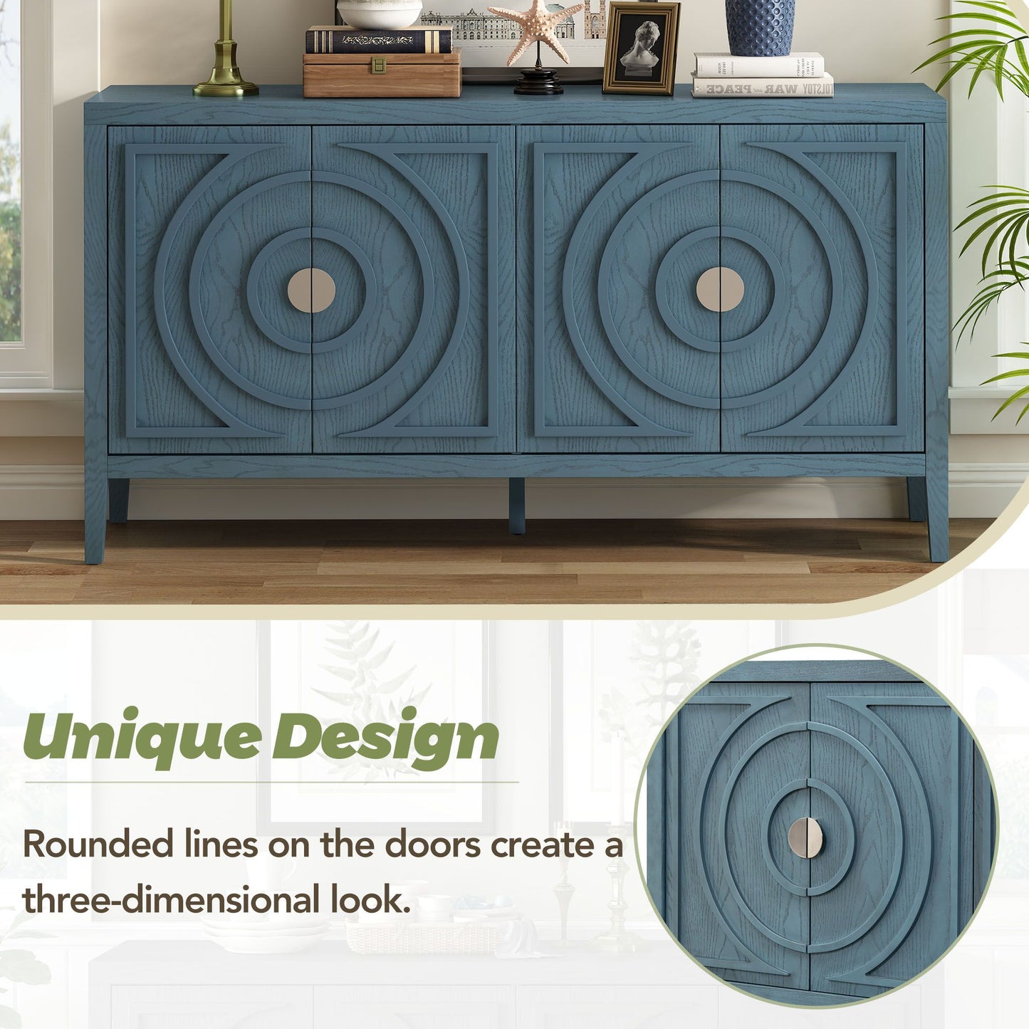 Retro Sideboard with Circular Groove Design Round Metal Door Handle, blue grey white