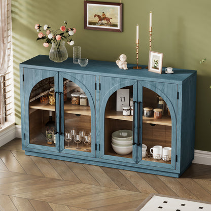 Blue and Black Large Sideboard with Arched Glass Doors and Metal Handles and Adjustable Shelves for Kitchen, Dining Room and Living Room