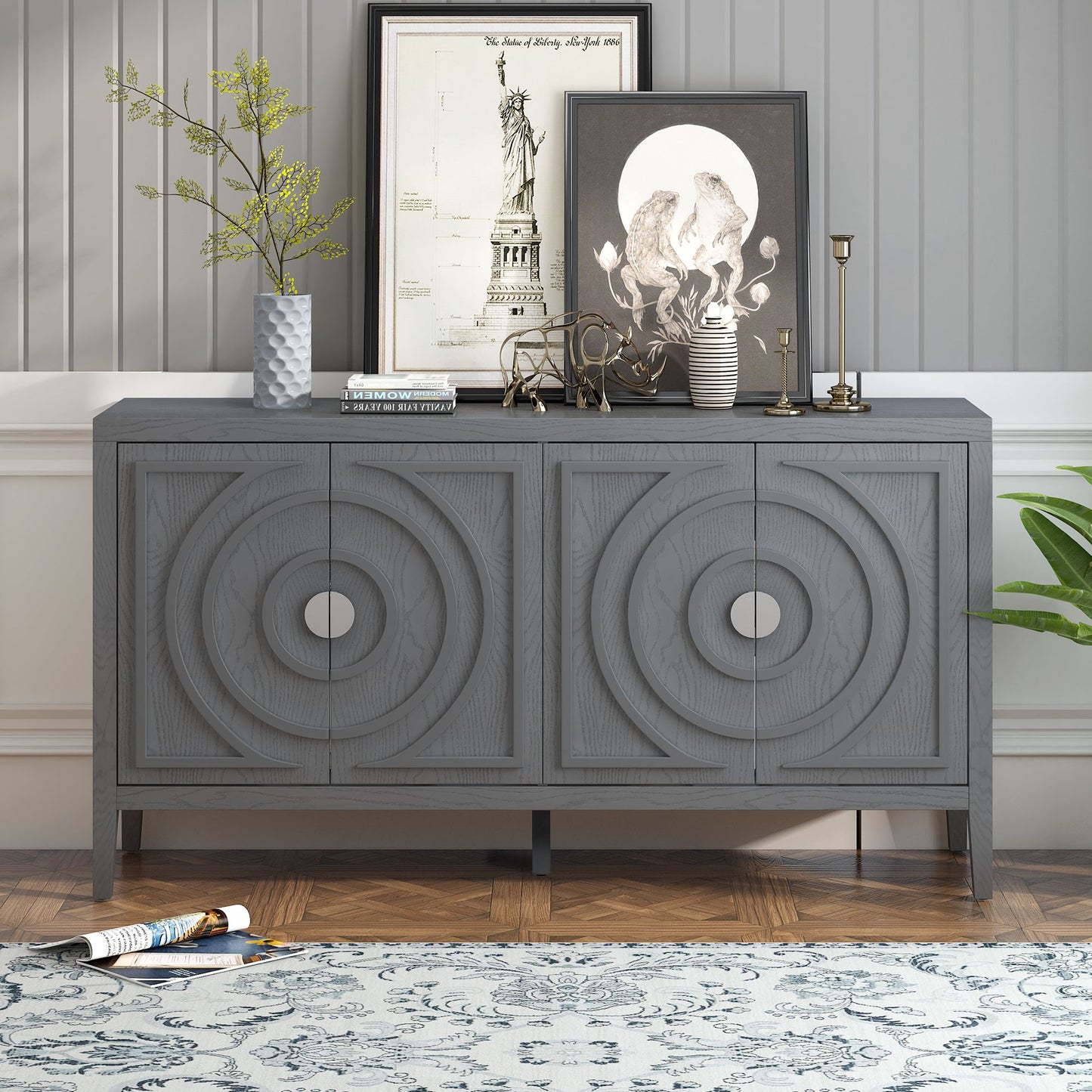 Retro Sideboard with Circular Groove Design Round Metal Door Handle, blue grey white