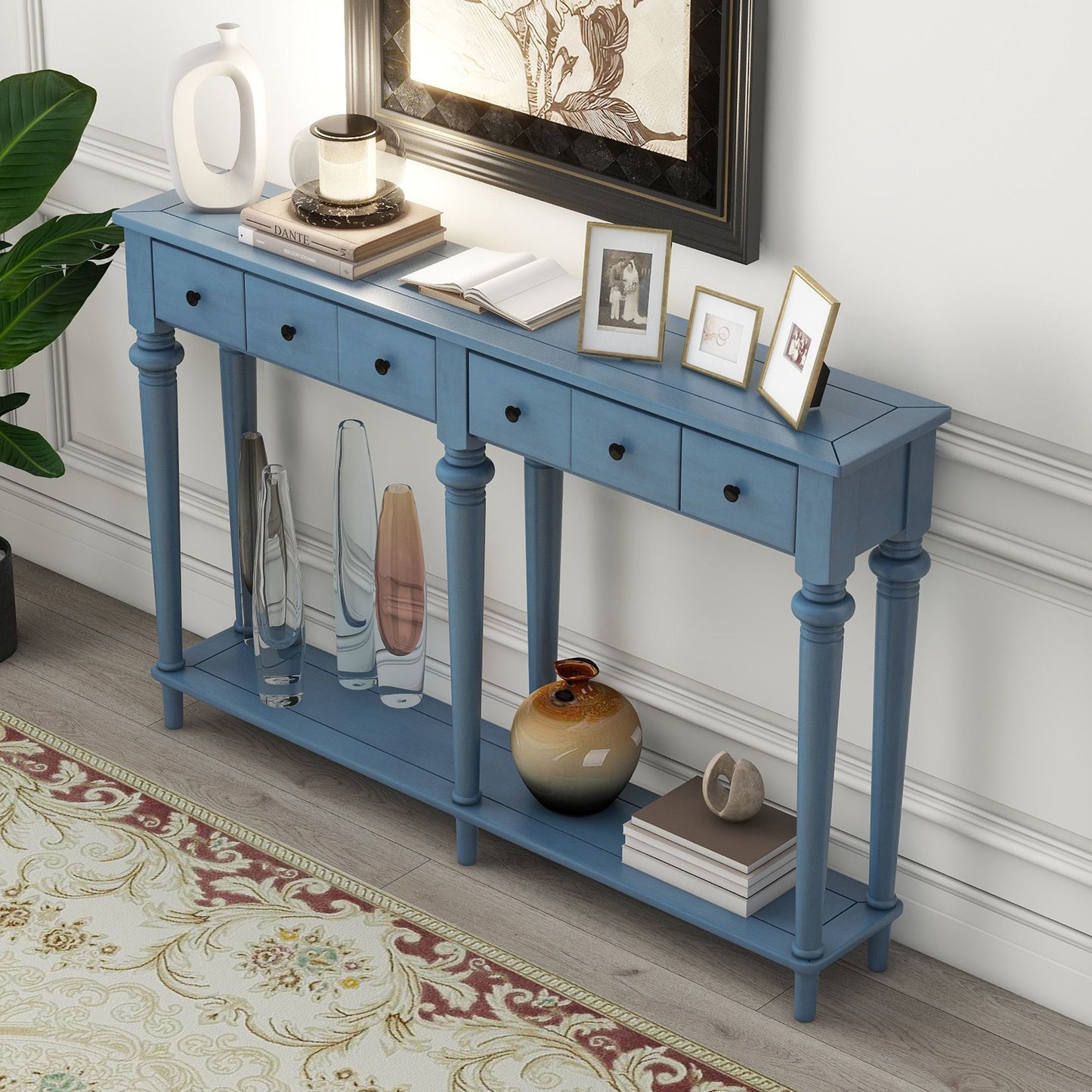 Console Table with 4 Drawers and Open Shelf, Blue