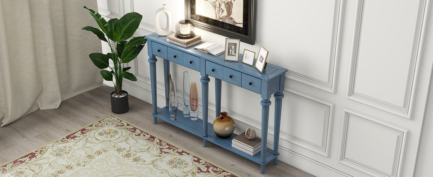 Console Table with 4 Drawers and Open Shelf, Blue