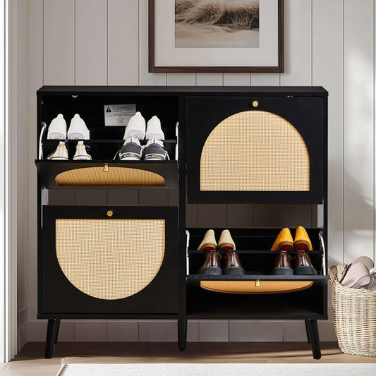 Shoe Organizing Cabinet With High Feet and Arched Top Rattan Shoe Cabinet (4 Total Bins with 2x2 Stacking Bins) 105X24x98cm, Black