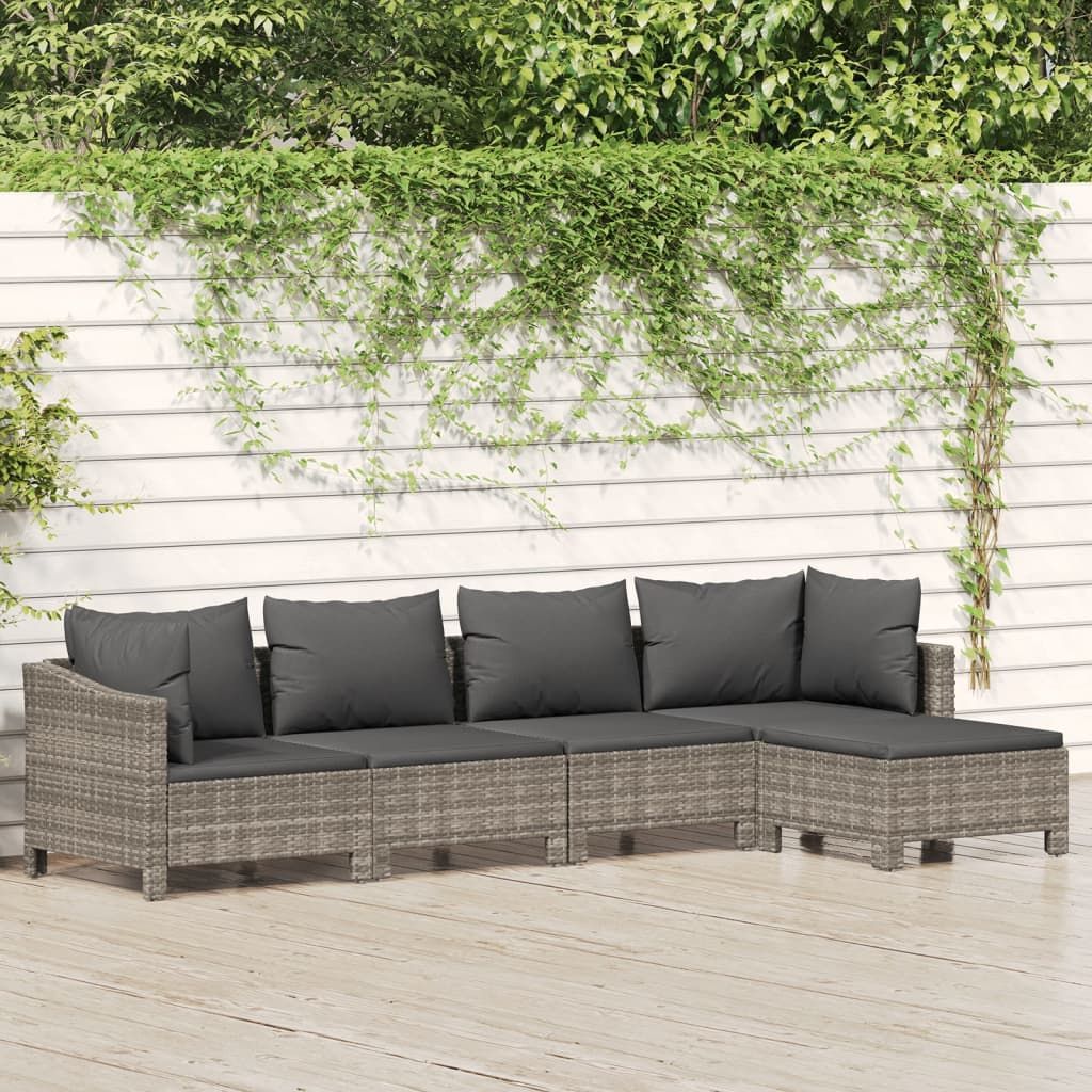 5 Piece Patio Lounge Set with Cushions Gray Poly Rattan