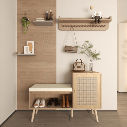 2-in-1 Shoe Storage Bench, Natural Rattan Shoe Cabinet with 2 Adjustable Shelves and Removable Seat Cushion