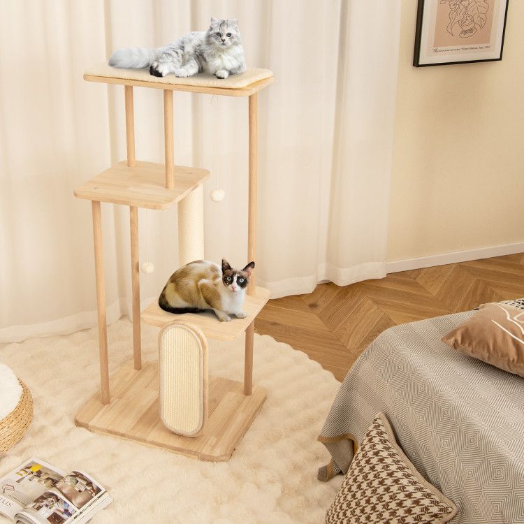 Wooden Multi-level Modern Cat Tower with Scratching Board and Post