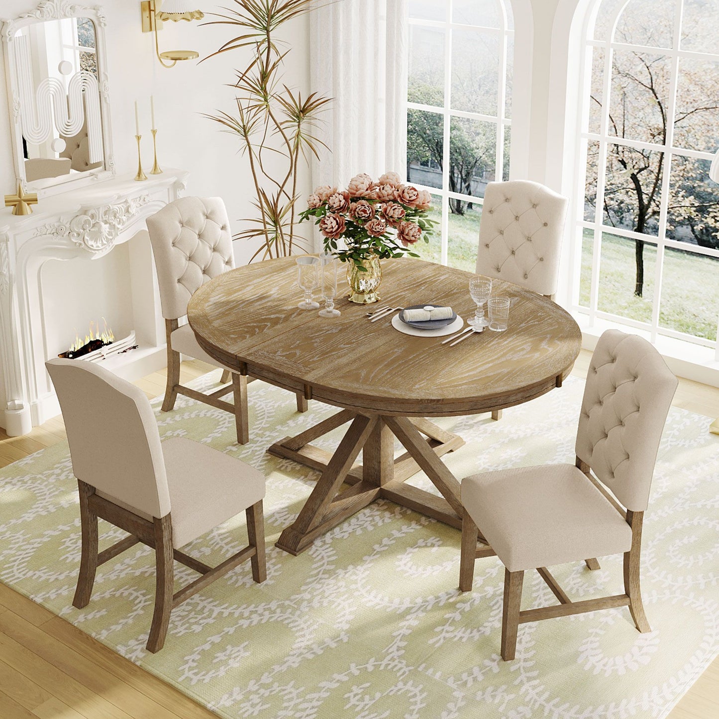 Cottage Style Extendable Dining Table Set With 4 Chairs