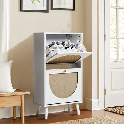 Shoe Organizing Cabinet With High Feet and Arched Top Rattan Shoe Cabinet (2 Stacking Bins) 54x24x98cm, White