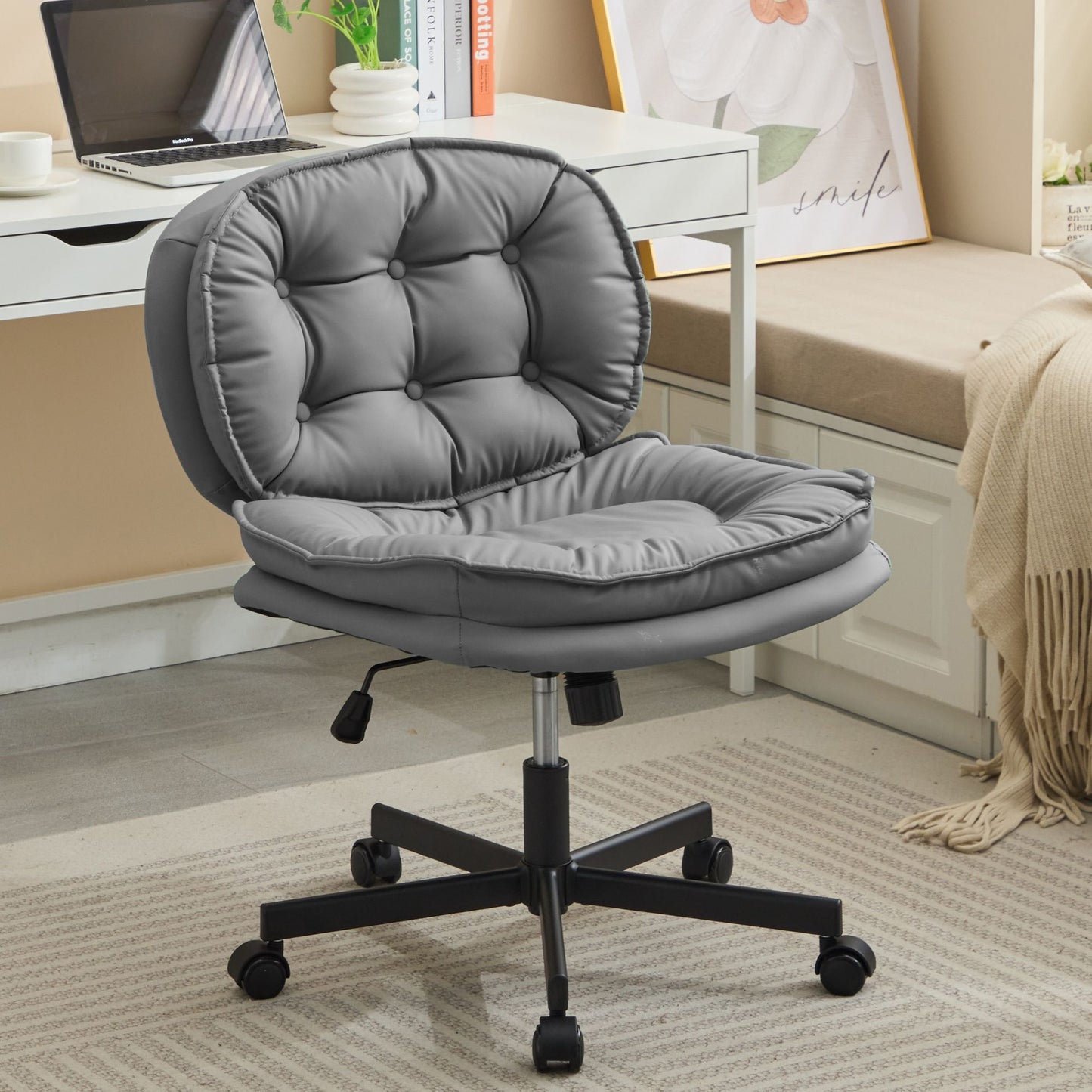 Armless Adjustable Swivel Office Chair with Wheels, PU Leather