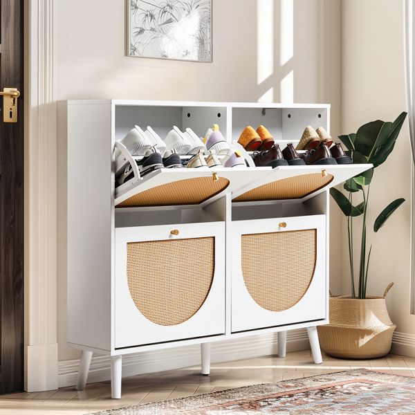 Shoe Organizing Cabinet With High Feet and Arched Top Rattan Shoe Cabinet (4 Total Bins with 2x2 Stacking Bins) 105X24x98cm, White