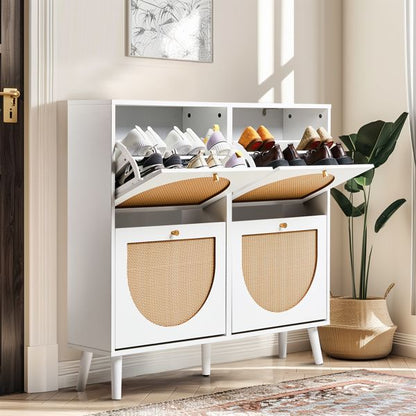 Shoe Organizing Cabinet With High Feet and Arched Top Rattan Shoe Cabinet (4 Total Bins with 2x2 Stacking Bins) 105X24x98cm, White