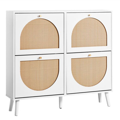 Shoe Organizing Cabinet With High Feet and Arched Top Rattan Shoe Cabinet (4 Total Bins with 2x2 Stacking Bins) 105X24x98cm, White