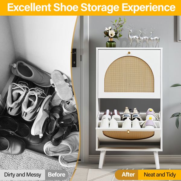 Shoe Organizing Cabinet With High Feet and Arched Top Rattan Shoe Cabinet (2 Stacking Bins) 54x24x98cm, White