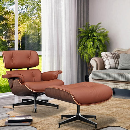 Eames Lounge Copy Armchair With Ottoman Genuine Leather Swivel Chair