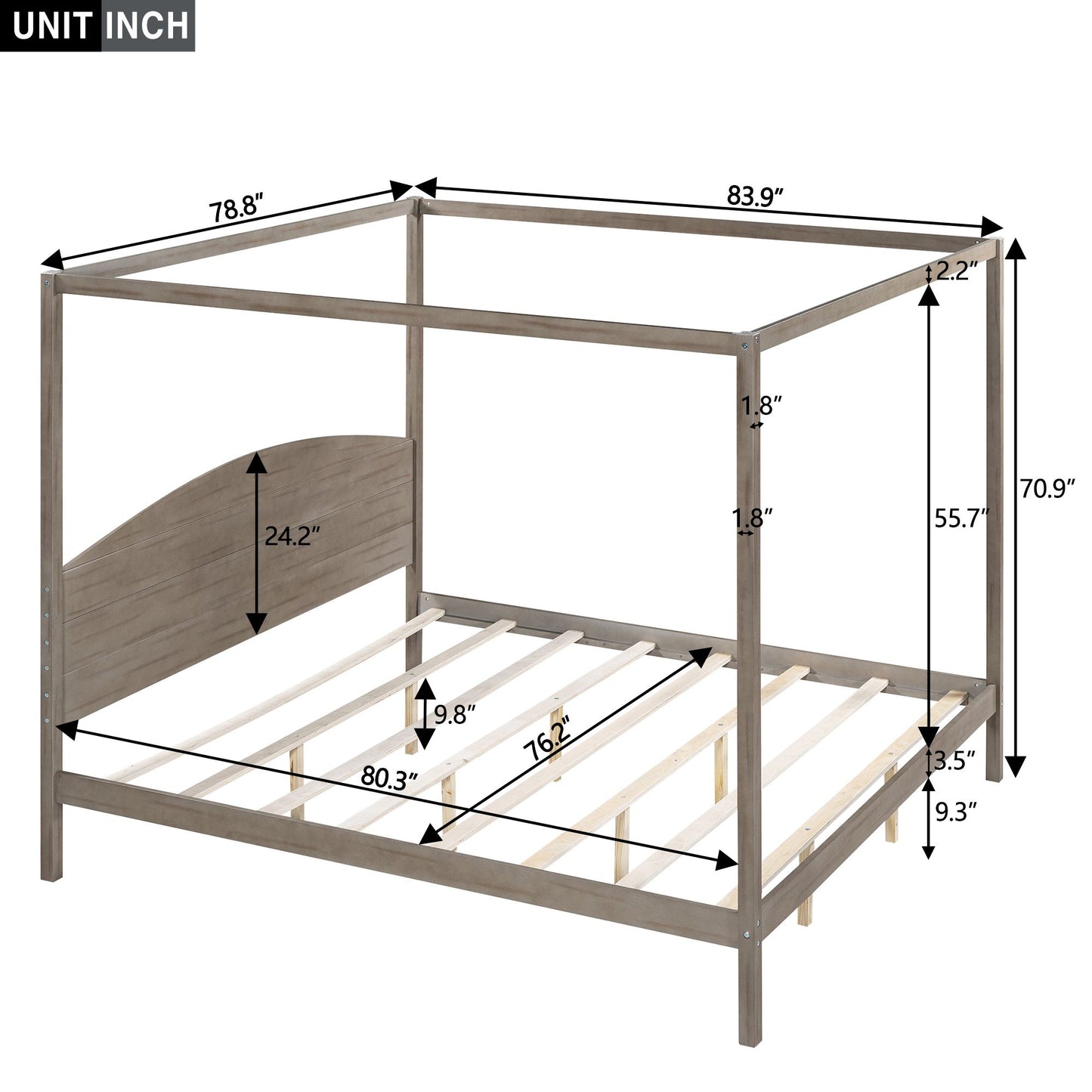 Canopy Platform Bed with Headboard and Support Legs, King Size, Brown Wash