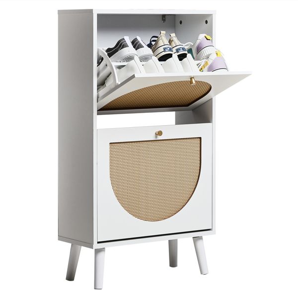 Shoe Organizing Cabinet With High Feet and Arched Top Rattan Shoe Cabinet (2 Stacking Bins) 54x24x98cm, White