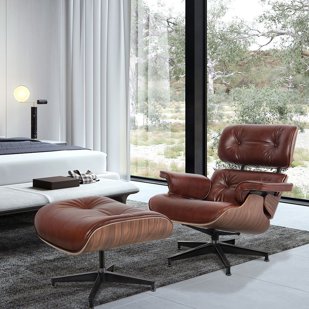 Eames Lounge Copy Armchair With Ottoman Genuine Leather Swivel Chair