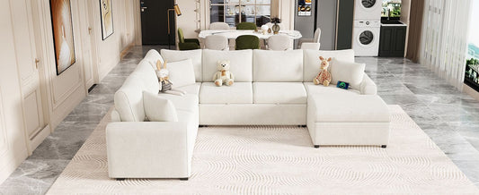 Sectional Sofa Pull-out Sofa Bed Sleeper with a Storage Ottoman, Cream 112.2"