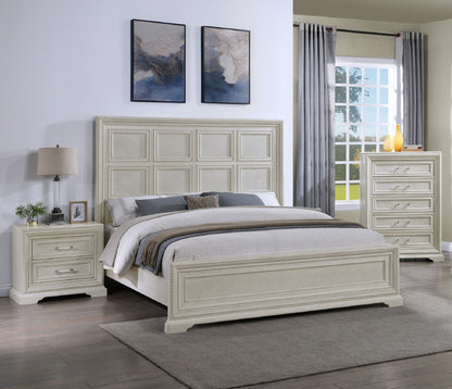 Transitional King Panel Bed White / Cream Solid Wood Bedroom Furniture