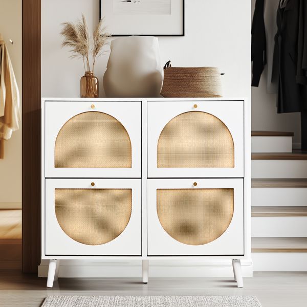 Shoe Organizing Cabinet With High Feet and Arched Top Rattan Shoe Cabinet (4 Total Bins with 2x2 Stacking Bins) 105X24x98cm, White